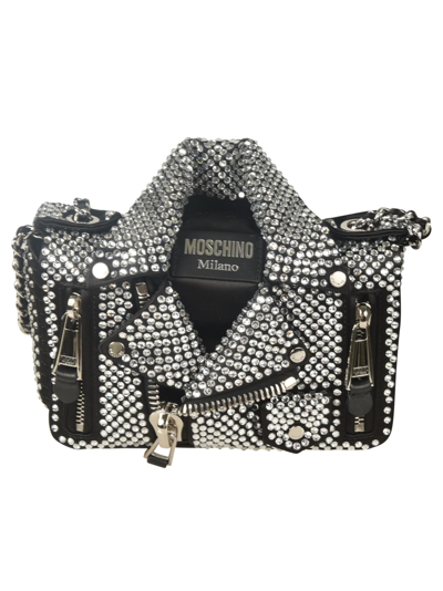 Shop Moschino Embellished Biker Jacket Shoulder Bag In 2555