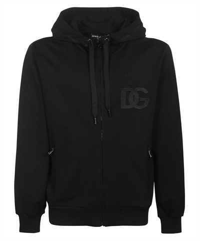 Shop Dolce & Gabbana Zip-up Jersey With Dg Embroidery Hoodie In Black