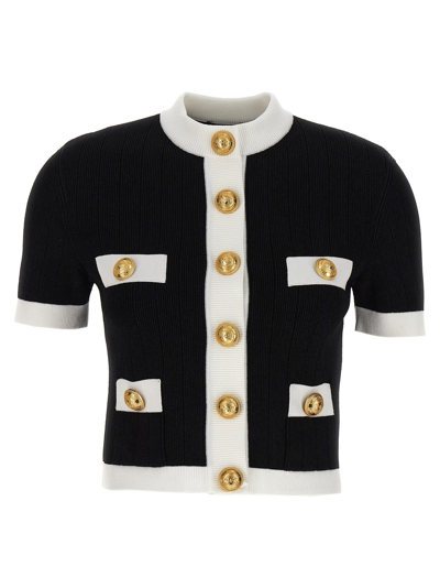 Shop Balmain Logo Buttons Short Sleeves Cardigan In White/black