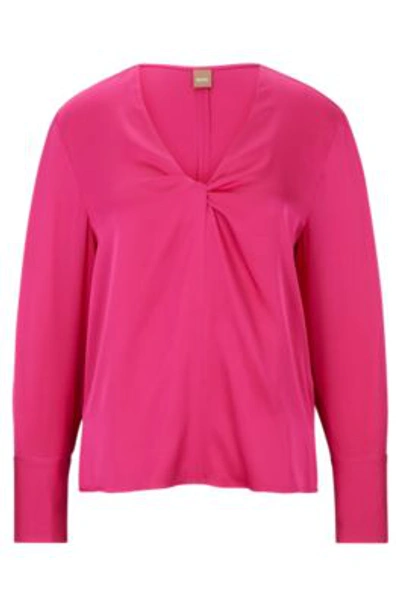 Shop Hugo Boss Regular-fit Blouse In Stretch Silk With Twist Front In Pink