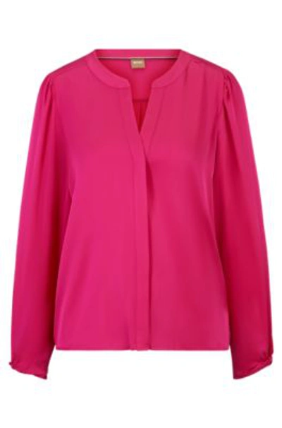 Shop Hugo Boss Collarless Relaxed-fit Blouse In Stretch Silk In Pink