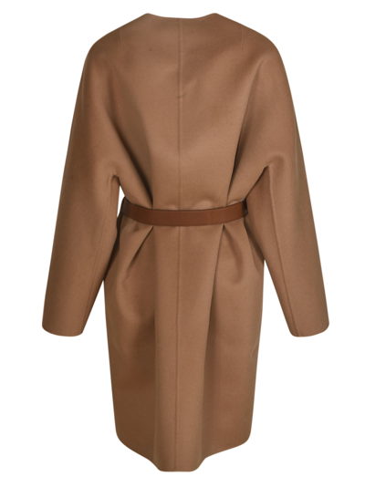 Shop Prada Belted Buttoned Dress In Camel/white