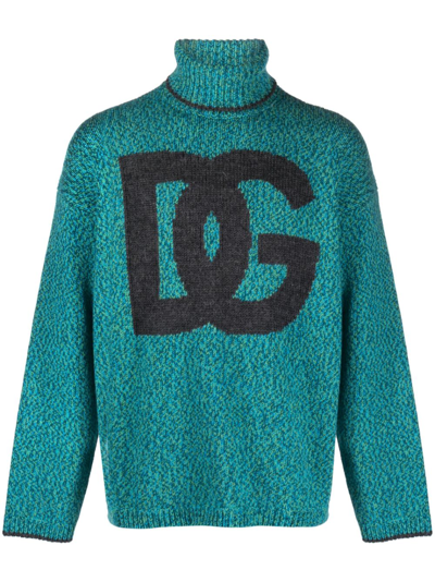 Shop Dolce & Gabbana Blue Intarsia-knit Logo Sweater In Green