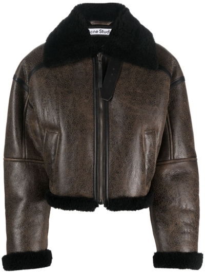 Shop Acne Studios Cropped Leather Jacket - Women's - Lamb Fur/calf Leather/cotton In Brown