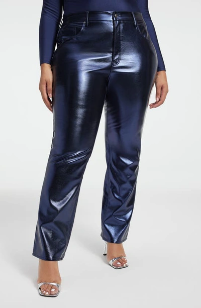 Shop Good American Good Icon Faux Leather Pants In Blue Rinse Metallic