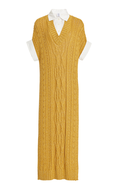 Shop Rosie Assoulin Lurex Cable-knit Midi Sweater Dress In Gold