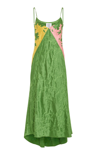 Shop Rosie Assoulin Embroidered Satin Jacquard Midi Slip Dress In Green