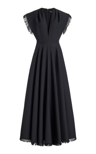 Shop Brandon Maxwell The Irena Fringed Wool-silk Maxi Dress In Black