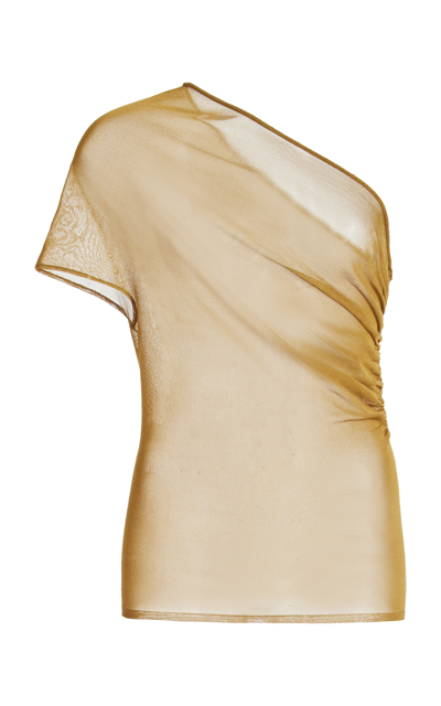 Shop Brandon Maxwell The Leah Asymmetric Sheer Knit Top In Gold