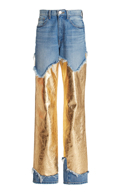 Shop Brandon Maxwell The Cortlandt Paneled Metallic Leather Straight-leg Jeans In Gold