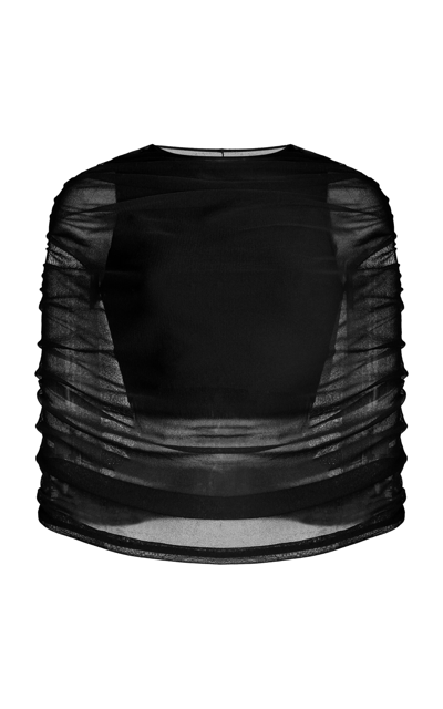 Shop Brandon Maxwell The Lyra Ruched Sheer Knit Top In Black
