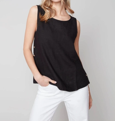 Shop Charlie B Sleeveless Linen Top With Side Buttons In Black