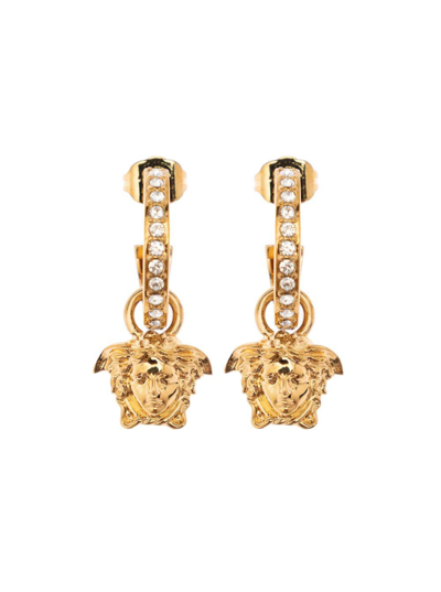 Shop Versace Medusa Pendant Embellished Hoop Earrings In Gold