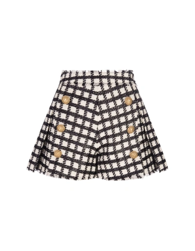 Shop Balmain Black And White Checked Tweed Shorts In Bianco