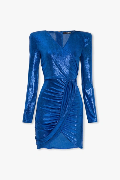 Shop Balmain Blue Draped Dress In New