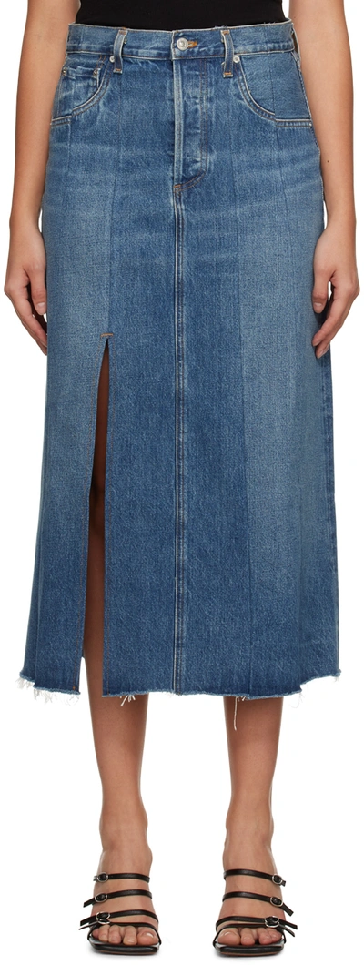 Shop Citizens Of Humanity Blue Raian Splice Rework Denim Midi Skirt In Veranda (dk Ind)