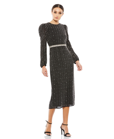 Shop Mac Duggal Women's Puff Long Sleeve Embellished High Neck Column Dress In Black
