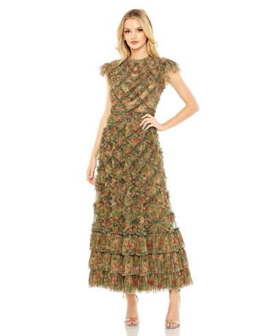 Shop Mac Duggal Women's High Neck Ruffle Cap Sleeve Floral Dress In Green Multi