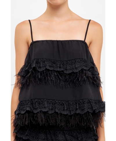 Shop Endless Rose Women's Lace & Feather Trim Tank Top In Black