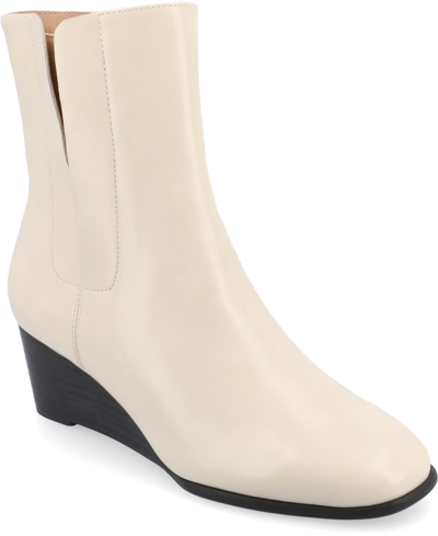 Shop Journee Collection Women's Kylo Tru Comfort Foam Stacked Wedge Heel Soft Square Toe Booties In Bone