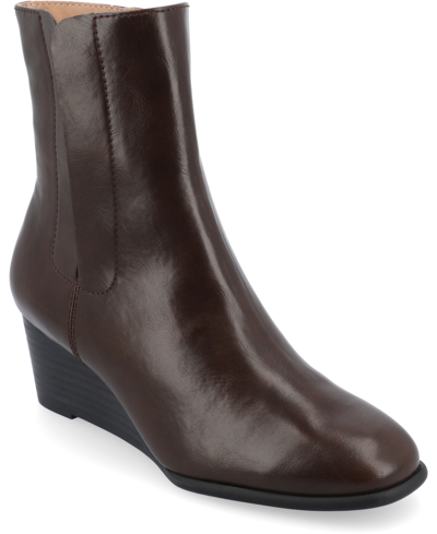 Shop Journee Collection Women's Kylo Tru Comfort Foam Stacked Wedge Heel Soft Square Toe Booties In Brown