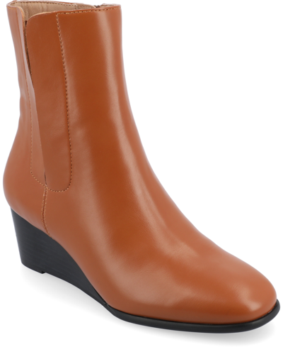 Shop Journee Collection Women's Kylo Tru Comfort Foam Stacked Wedge Heel Soft Square Toe Booties In Cognac