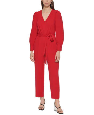 Shop Calvin Klein Women's V-neck Long-sleeve Belted Jumpsuit In Red