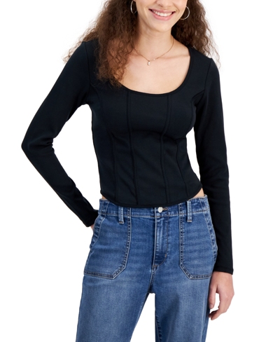 Shop Almost Famous Crave Fame Juniors' Long-sleeve Corset Knit Top In Black