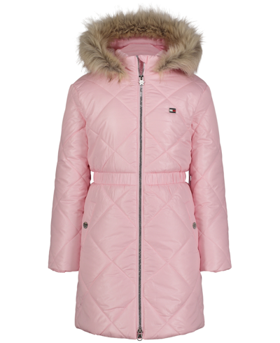 Shop Tommy Hilfiger Toddler Girls Diamond Quilt Long Hooded Puffer Jacket In Rose Shadow