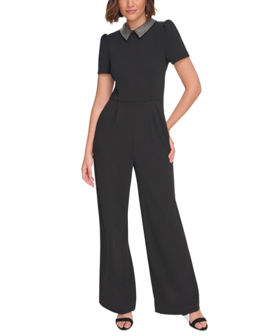 Shop Tommy Hilfiger Women's Sequin-collar Scuba Crepe Jumpsuit In Black