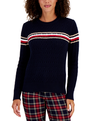 Tommy Hilfiger Women's Leila Striped Cotton Cable-knit Sweater In Sky  Captain Multi | ModeSens