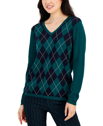 Shop Tommy Hilfiger Women's Cotton Argyle V-neck Sweater In Forest/sky Captain/ivory