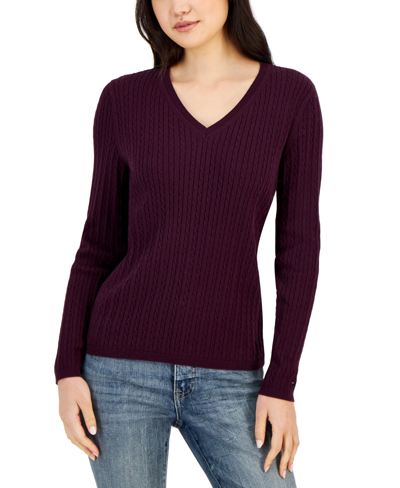 Shop Tommy Hilfiger Women's Cotton Cable-knit V-neck Ivy Sweater In Aubergine
