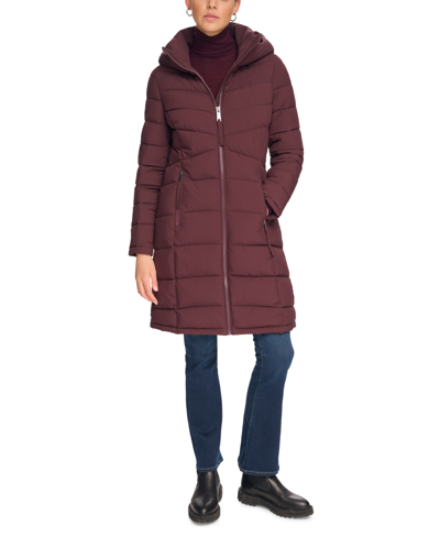 Shop Calvin Klein Women's Hooded Stretch Puffer Coat, Created For Macy's In Dark Chianti