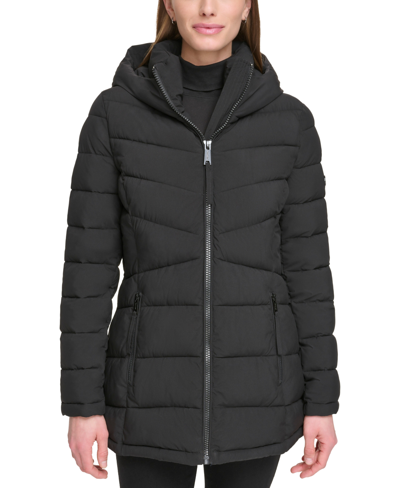 Shop Calvin Klein Women's Stretch Hooded Puffer Coat, Created For Macy's In Black