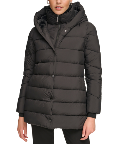 Shop Calvin Klein Women's Bibbed Hooded Puffer Coat, Created For Macy's In Black