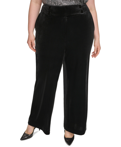 Shop Calvin Klein Plus Size High Rise Velvet Wide-leg Pants In Black