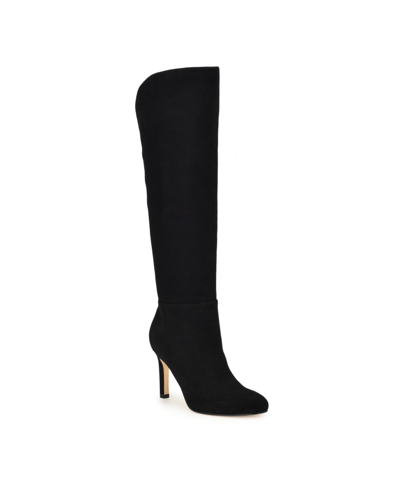 Shop Nine West Women's Sancha Almond Toe Stiletto Heel Dress Regular Calf Boots In Black Suede