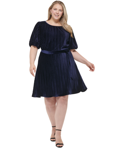 Shop Dkny Plus Size Bubble-sleeve Tie-waist Pleated Dress In Midnight