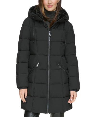 Shop Dkny Women's Faux-fur-trim Hooded Puffer Coat, Created For Macy's In Black
