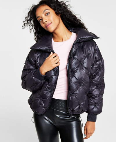 Shop Guess Women's Perla Embellished Zip-front Puffer Jacket In Jet Black Multi