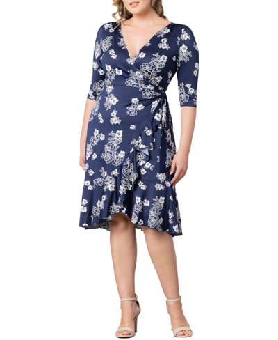 Shop Kiyonna Women's Plus Size Flirty Flounce Midi Wrap Dress With 3/4 Sleeves In Heavenly Blooms