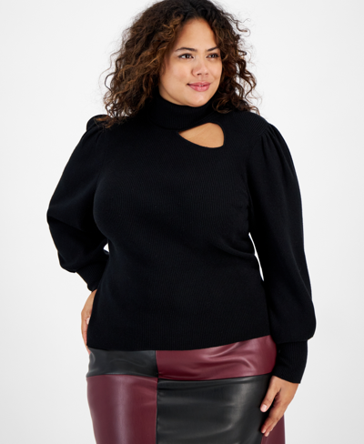 Shop Bar Iii Plus Size Puff-sleeve Turtleneck Sweater, Created For Macy's In Black