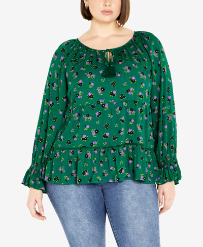 Shop Avenue Plus Size Floral Field Shirred Cuff Top In Jade Floral