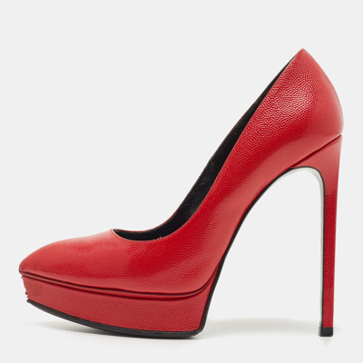Pre-owned Saint Laurent Red Textured Leather Janis Platform Pointed Toe Pumps Size 36