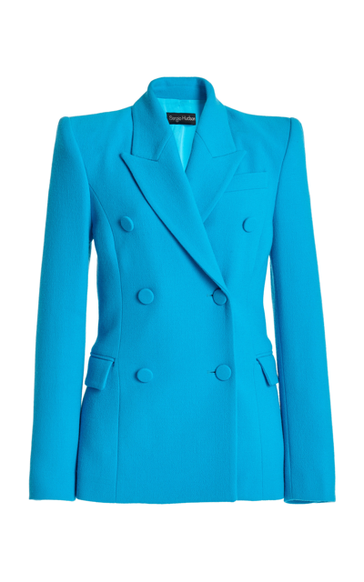 Shop Sergio Hudson Double-breasted Wool Crepe Blazer Jacket In Blue