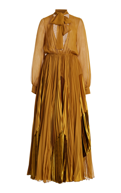 Shop Sergio Hudson Blouson-tie Pleated Silk Maxi Dress In Yellow