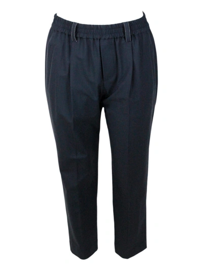 Shop Brunello Cucinelli Trousers Made Of Fine Fresh Stretch Wool With Elastic Waistband And Side Welt Poc In Blu