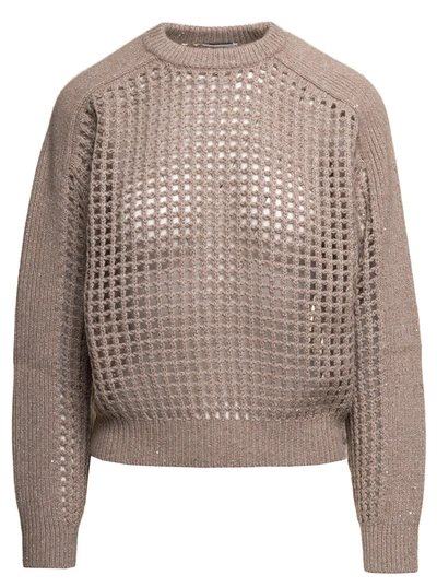 Shop Brunello Cucinelli Beige Open-work Knit Sweater With All-over Mini Paillettes In Wool And Cashmere W