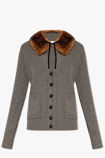 Shop Saint Laurent Grey Cardigan With Faux Fur Collar In New